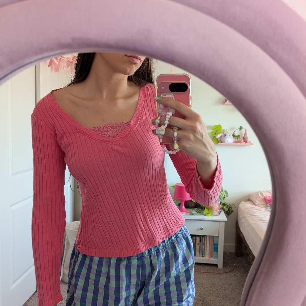 Y2K Ribbed Scoop Neck Blouse With Lace Detail Size XS
